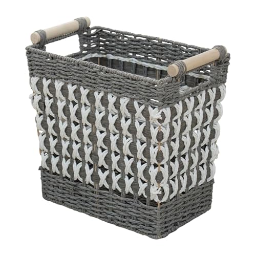Wicker Wastebasket Trash Can with Wood Handles, 5 Gallon, Grey+White