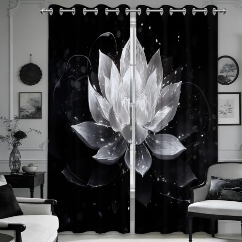 Black and Grey Blackout Curtains, Lotus Drapes 84 inches length, 2 Panels - color: Black and White, size: 52"W x 84"L (Pack of 2)