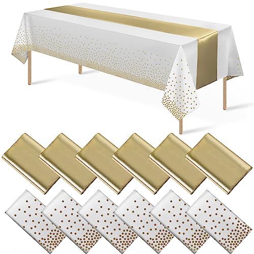 12Pack Disposable Plastic Tablecloths and Satin Table Runner Set White and Gold Dot Tablecloth Gold Satin Table Runner for Wedding Birthday Baby Shower Anniversary Christmas New Year Party Supplies - color: White and Gold, size: 12 Pack