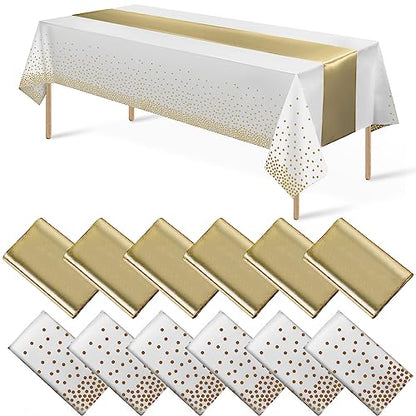 12Pack Disposable Plastic Tablecloths and Satin Table Runner Set White and Gold Dot Tablecloth Gold Satin Table Runner for Wedding Birthday Baby Shower Anniversary Christmas New Year Party Supplies - color: White and Gold, size: 12 Pack