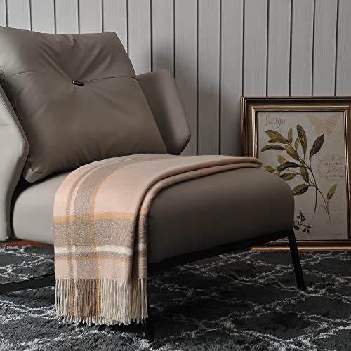 EP Mode 100% Pure Cashmere Throw Blanket for Sofa, Beige Border - color: Beige Border