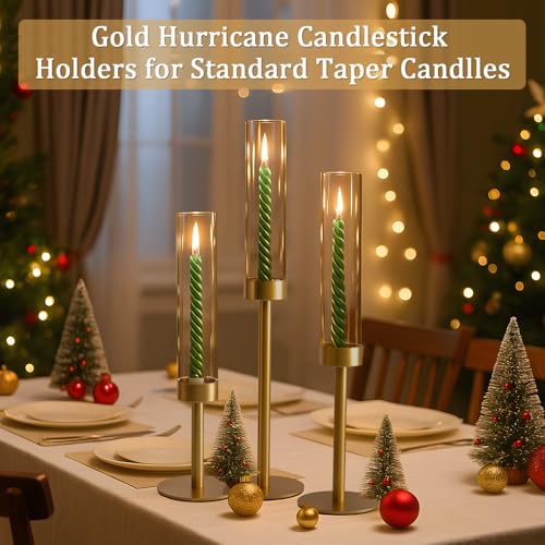 6Pcs Hurricane Glass Candle Holders Gold Candlestick Holders Taper Candle Holder with 9.8" Windproof Clear Cylinder Covers for Outdoor Indoor Tall Candle Stick Holder Decor for Wedding Party Fireplace