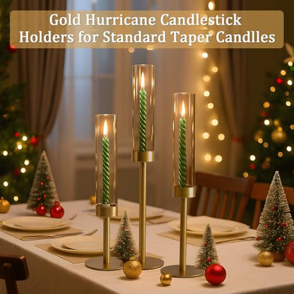 6Pcs Hurricane Glass Candle Holders Gold Candlestick Holders Taper Candle Holder with 9.8" Windproof Clear Cylinder Covers for Outdoor Indoor Tall Candle Stick Holder Decor for Wedding Party Fireplace