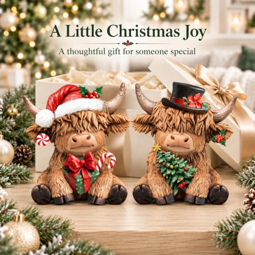 Karenhi 2 Pcs Christmas Highland Cow Figurines Decor for Home Office - style: Christmas