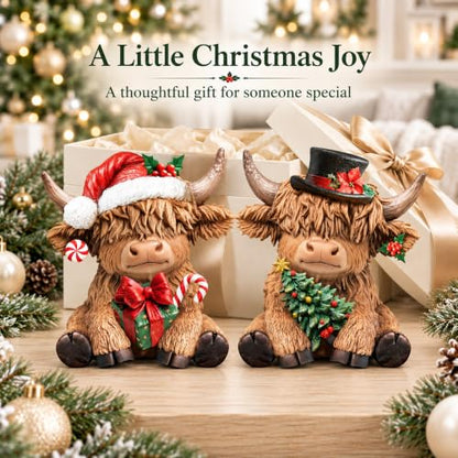 Karenhi 2 Pcs Christmas Highland Cow Figurines Decor for Home Office - style: Christmas
