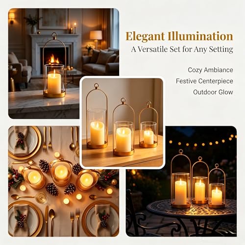 Hurricane Glass Candle Holders Set of 3, Hanging Gold Candlestick