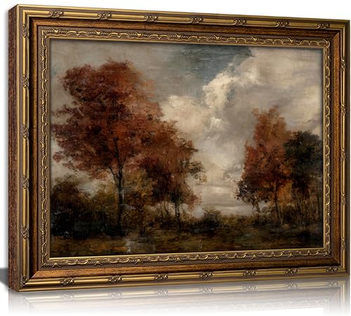 Vintage Gold Framed Wall Art, Autumn Forest Landscape Oil Painting Print, Rustic Fall Nature Decor for Living Room, Bedroom, Office, Ready to Hang - color: Autumn, size: 11"L x 9"W