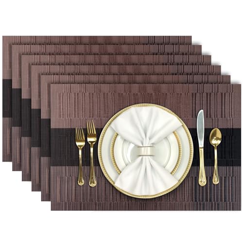Aofmee Placemats, Heat Resistant Place Mats Set of 6, Washable PVC Table Mats, Woven Vinyl Plastic Placemats for Kitchen Dining Table, Non-Slip Stain Resistant Placemat Indoor Outdoor, Easy to Clean - color: Brown, size: Set of 6