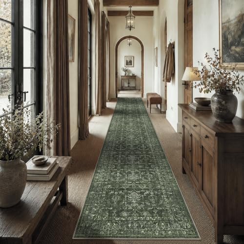 3x14 Washable Kitchen Runner Rug Soft Vintage Dark Green Throw Carpet - color: Dark Green, size: 3' x 14' (Runner)