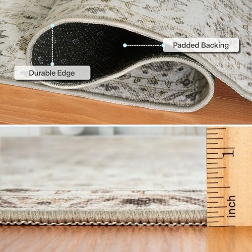 ReaLife Rugs Machine Washable Area Rug - Living Room Bedroom Bathroom Kitchen Entryway Office - Padded Low Pile Stain Resistant Premium - Boho Farmhouse Vintage - Joy - Beige Ivory 4' Round - color: Bev - Beige Tan Brown, size: 4' (Round)