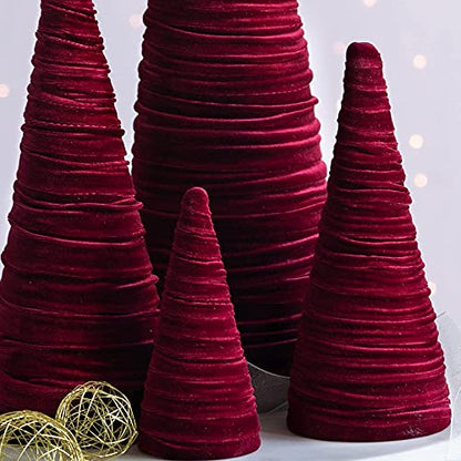Set of 4 Burgundy Velvet Trees, Elegant Fabric Winter Mantel Decor, Luxurious Artisan Accent, Winter Valentine Tree, Centerpiece (Burgundy) - color: Burgundy