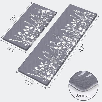 Kitchen Mats for Floor, 2-Piece Anti-Fatigue Kitchen Rugs, Grey - size: 17.3" x 30"+17.3" x 47"-0.4 inch