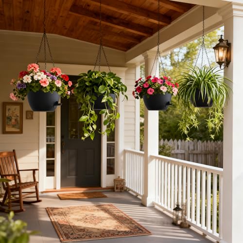 UOUZ 4 Pack 8 Inch Self Watering Hanging Planters for Indoor Outdoor Plants，Hanging Pots for Plants with Drainage Removable Tray, Hanging Baskets Flower Pots for Ivy Pothos Spider Garden Porch Black - color: Black, size: 8inch-4pack