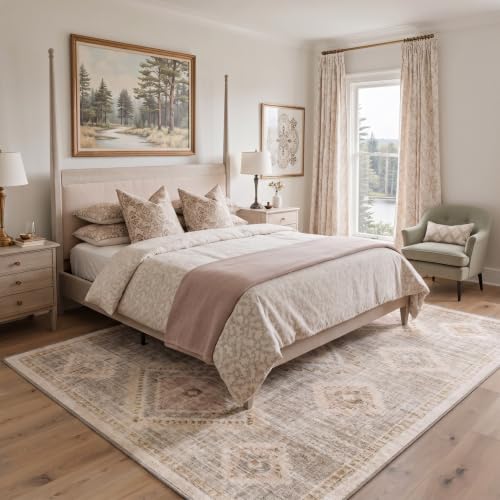 GENIMO 5X7 Area Rug for Living Room, Washable Boho Medallion Non Slip Thin - color: Blush Beige, size: 5' x 7' (Rectangular)