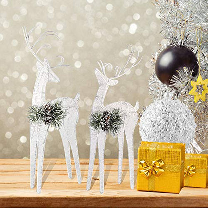 2pc Set White Pinecone Rattan Thread String Christmas Reindeer Figurine Table Desk Decorations Glittering Xmas Holiday Party Supply - color: White