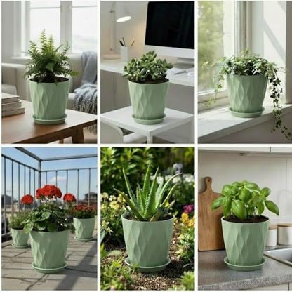 8 Inch Plastic Plant Pots for Plants with Drainage Holes and Saucer, 6 Pack - color: Green 8 Inch