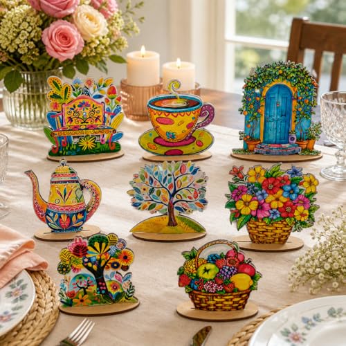 16 Pcs Wooden Table Centerpieces, Tea Party Table Decoration, Flower Teapot Teacup Ornaments for Tiered Tray Birthday Party Baby Shower Wonderland Decoration