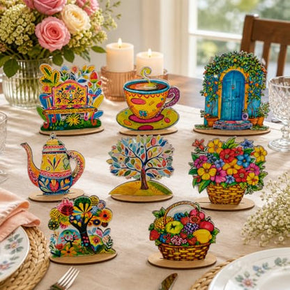 16 Pcs Wooden Table Centerpieces, Tea Party Table Decoration, Flower Teapot Teacup Ornaments for Tiered Tray Birthday Party Baby Shower Wonderland Decoration