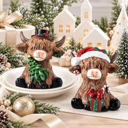 Karenhi 2 Pcs Christmas Highland Cow Figurines Decor for Home Office - style: Christmas