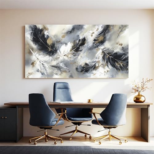 YISXINOAG Black White Abstract Wall Art Modern Feather Painting 24"X48" - color: black grey, size: 48"L x 24"W