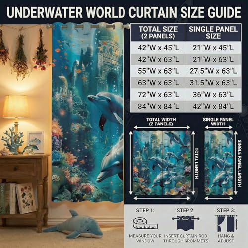 Ocean Blackout Curtains for Kids Bedroom, Dolphin Under the Sea Beach Castle Theme Drapes, Tropical Nautical Window Panels for Boys Girls Living Room, 63 x 63 Inch - color: Ocean Dolphin_04, size: 63"W x 63"L (Pack of 1)