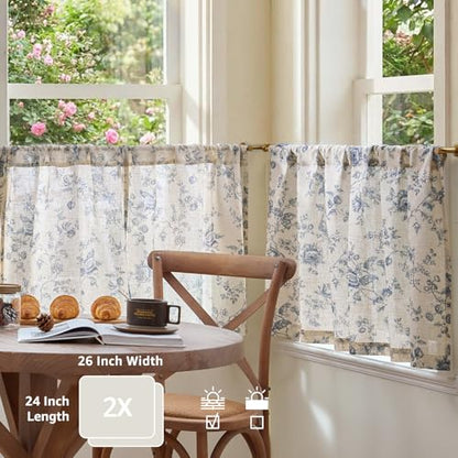 jinchan Floral Linen Kitchen Tier Curtains, 24 Inch, 2 Panels, Blue - color: Amlie Blue, size: 26"W x 24"L (Pack of 2)