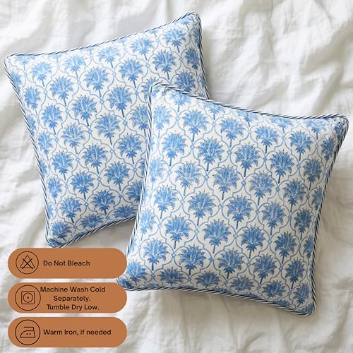ATOSII Cotton Blockprint Throw Pillow Cover, Padma Blue, Set of 2, 24 X 24 - color: Padma, size: 24" x 24" (Pack of 2)
