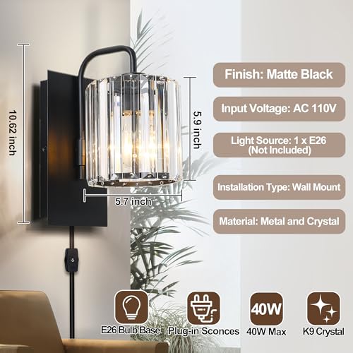 Plug in Crystal Wall Sconces, Black Plug in Sconce with Dimmer Cord - color: Crystal Glass Sttyle with Plug