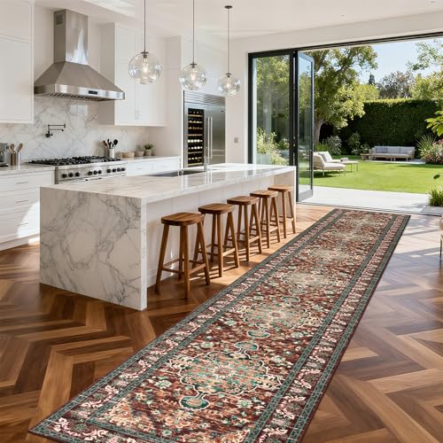 U'Artlines 3' x 18' Boho Hallway Runner Rug, Washable Carpet, Rust＆Teal - color: Rust＆teal, size: 3' x 18' (Runner)
