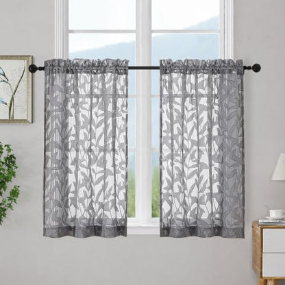 OWENIE Leyna Grey Sheer Curtain 36 Inch Length Cafe Curtains 2 Panels - color: Charcoal Gray, size: 28"W x 36"L (Pack of 2)
