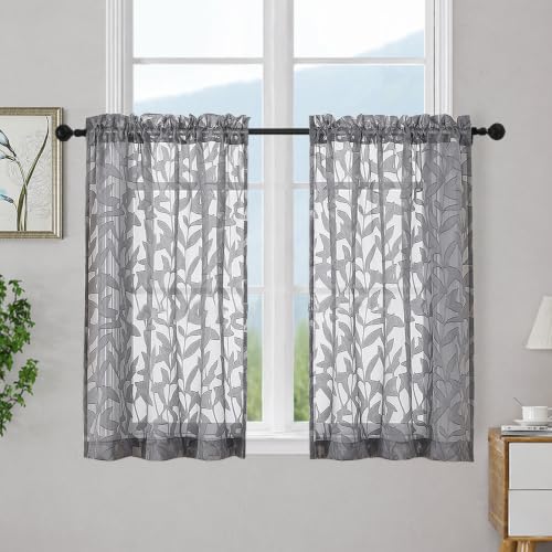 OWENIE Leyna Grey Sheer Curtain 36 Inch Length Cafe Curtains 2 Panels - color: Charcoal Gray, size: 28"W x 36"L (Pack of 2)
