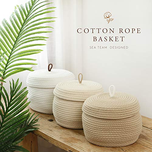 Sea Team Round Woven Cotton Rope Storage Basket with Lid, Khaki, 2-Pack - color: Khaki, size: Small/2-Pack