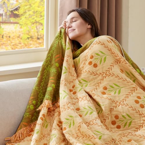 100% Cotton Boho Throw Blanket for Home Decor – Classic Farmhouse Quilt Bedding, Muslin Blankets for Adults, Vintage Woven Decorative Blanket for Couch, Bed Layering Use, Vintage Floral, 50"x60" - color: 2 - Vintage Floral, size: Throw (50 x 60 Inch)
