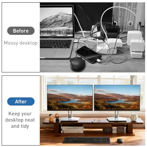 Dual Monitor Stand Riser, 47Inch Solid Wood Desktop Organizer with Non-Slip Pads, Holder for 2 Monitors, Laptops, TV, PC, Printer, Walnut Finish
