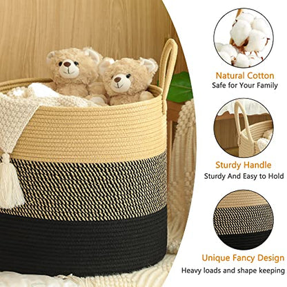 KAKAMAY Large Blanket Basket (18"x18"x16"),Woven Baby Laundry Hamper for Storage, Cotton Rope Blankets Baskets for Nursery, Laundry, Living Room, Pillows, Baby Toy Chest with Handles (Black) - color: Black