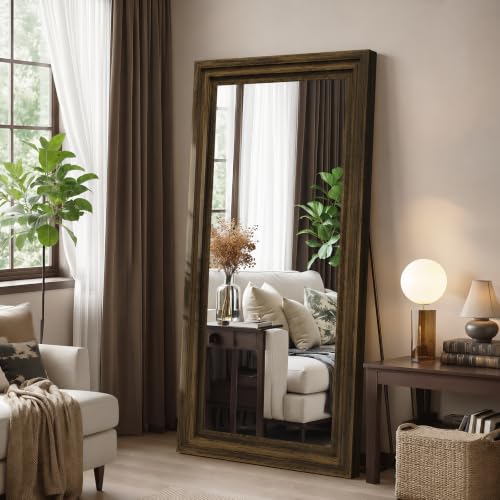 Wood Full Length Mirror 65"x24", Large Solid Wood Frame Floor Mirror - color: Walnut Wood, size: 65"L x 24"W