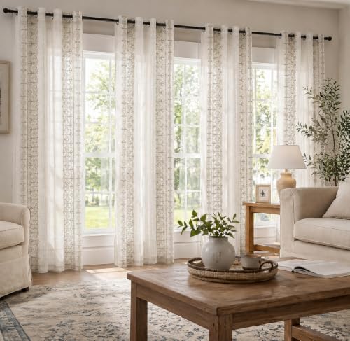 Deconovo Floral Linen Sheer Curtains 84 Inch Long for Living Room 2 Panels - color: Beige/Diamond Wave/Grommet, size: 50"W x 84"L (Pack of 2)