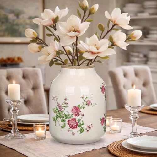 White Ceramic Vase, 8.2 Inch Vintage Flower Decor and Handcrafted Floral Centerpieces, Elegant Handmade Pottery Accent for Dining Table Wedding Living Room Housewarming Gift Decor - size: 8.2 inches