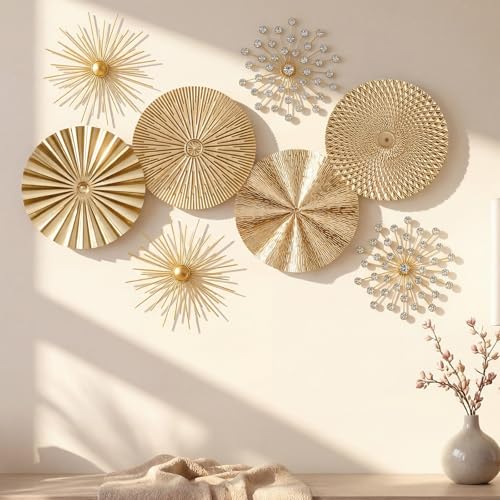Frienda 8 Pcs Metal Wall Decoration Metal Starburst Radial Plate Art Hanging Decorative Wall Decorations 3D Sunburst Decoration for Home Bedroom Living Room Office Entryway(Gold) - color: Gold