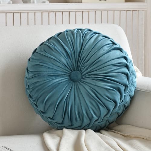 Teieas Round Throw Pillow Velvet Pleated Round Pillow Cushion Lake Blue - color: Lake Blue