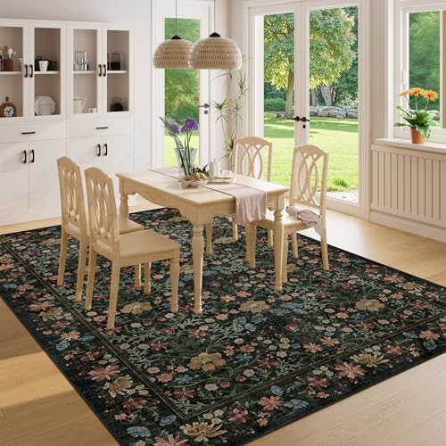 DUKINO 6x9 Area Rug, Vintage Floral Washable Rugs for Living Room, Black - color: Black, size: 6' x 9' (Rectangular)