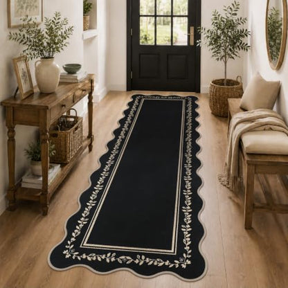 Rugalia Scalloped Easy Jute Kitchen Runner Rug 2x6 Black Hallway Rugs - color: Black Floral, size: 2' x 6' (Runner)