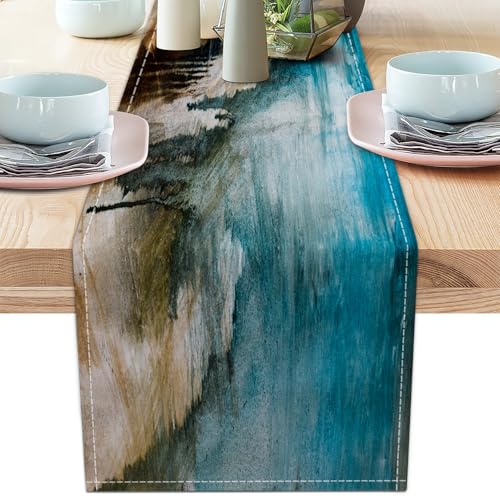 Teal Black and Brown Table Runners Rustic Farmhouse Linen Table Runners Abstract Modern Art Coffee Table Runner for Kitchen Dining Table Home Party Decor (Teal Brown, 13"x 71") - color: Teal Brown, size: 13"x 71"