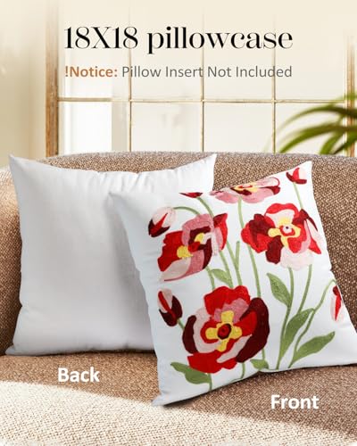 Embroidered Throw Pillow Cover, 18x18 Inch, Red Roses - color: Rose Flowers, size: 18" x 18" (Pack of 1)