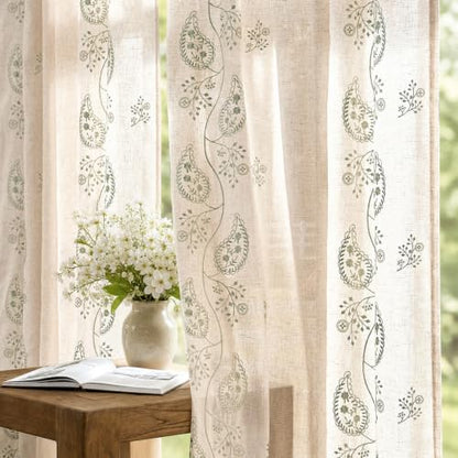 jinchan Linen Curtains 63 Inch Sage Floral Drapes Back Tab 2 Panels Set - color: Sage on Beige, size: 50"W x 63"L (Pack of 2)