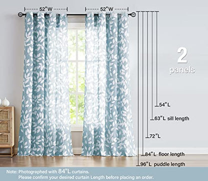 Blue Semi Sheer Curtains 95" White Leaf Print Bedroom Window Drapes 2pcs - color: Blue, size: 52"W x 95"L (Pack of 2)
