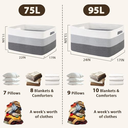 Optish 75L Large Woven Blanket Basket, Storage Basket with Handles - color: White & Grey, size: 22" x 17" x 11.5"(75L)