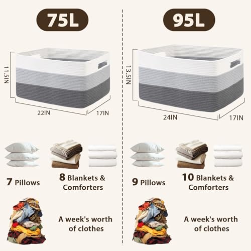 Optish 95L Large Woven Blanket Basket, Storage Basket with Handles, Grey - color: White & Grey, size: 24" x 17" x 13.5"(95L)