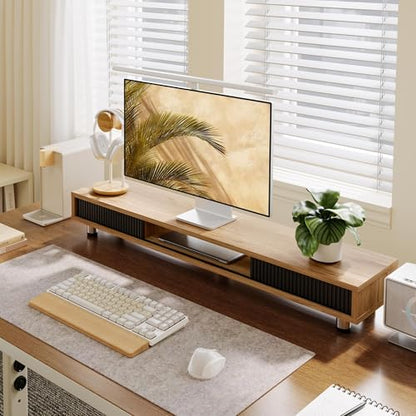 Fenge Dual Monitor Stand with Storage, Desk Shelf with Glass Sliding Door - color: Dark Oak