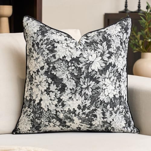Alerfa Black Neutral Floral Pillow Cover 20 x 20 Inch, Vintage Chenille Square Couch Pillow Cover Soft Decorative Farmhouse Accent Pillowcase for Living Room Bedroom - color: Black, size: 20" x 20" (Pack of 1)